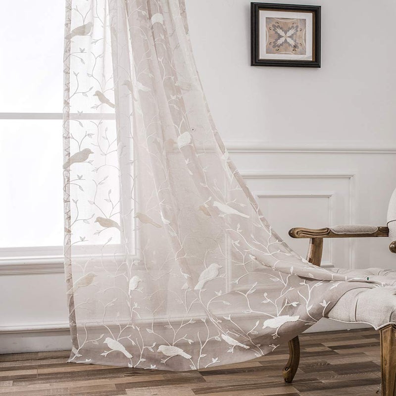 VOGOL Sheer Curtains 84 Inches Long, White Bird Embroidered Taupe Sheer Curtains Window Treatments for Living Room/Ding Room, Rod Pocket, W54 X L84, 2 Panels - Image 1